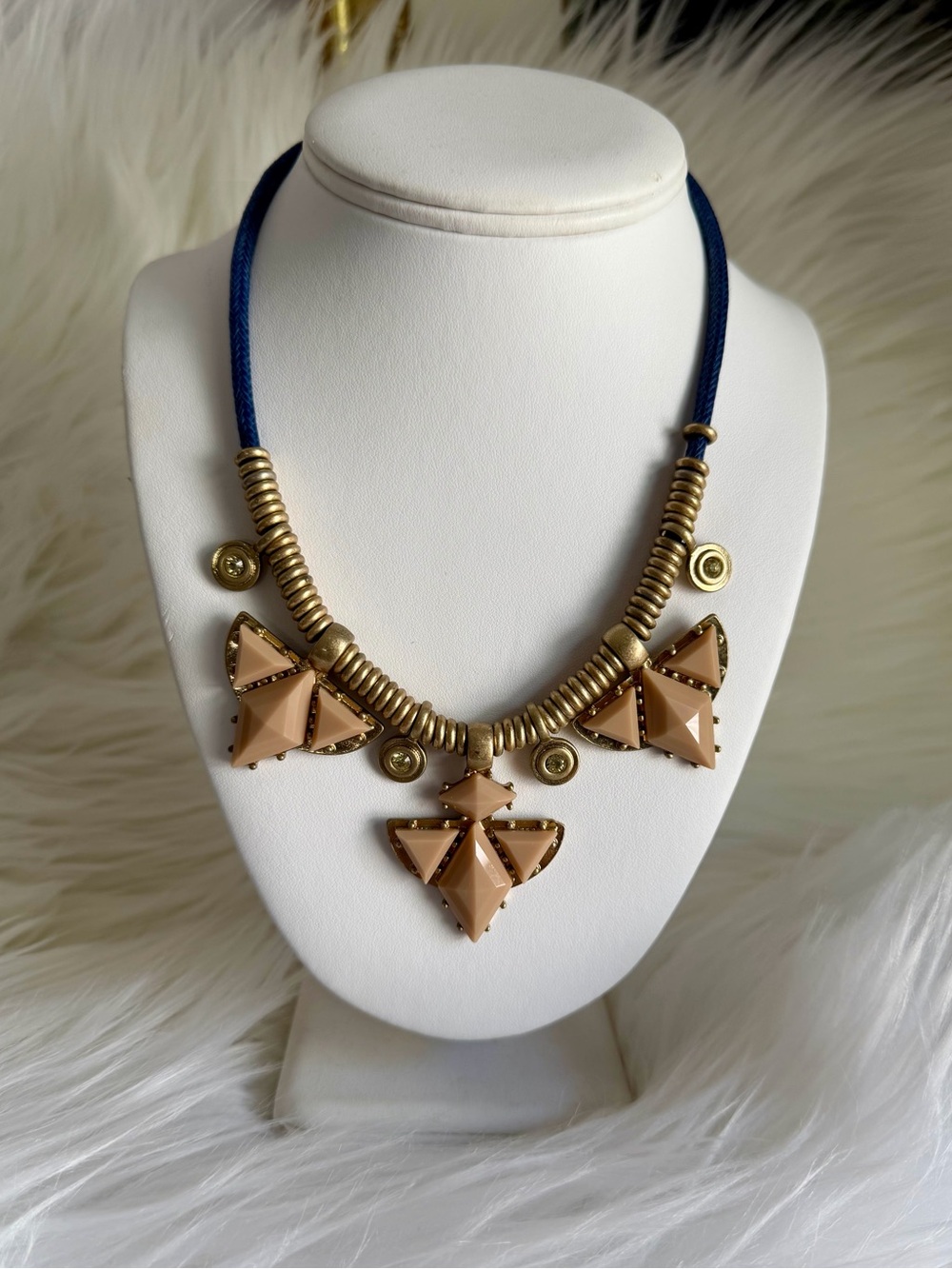 J. Crew Statement Light Tan Geo Pendant Necklace with Blue Cord